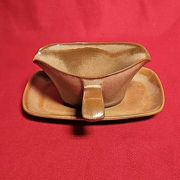 Frankoma Pottery Gravy Boat 6S & Tray 5PS Plainsman  Speckled Brown - Picture 1 of 9